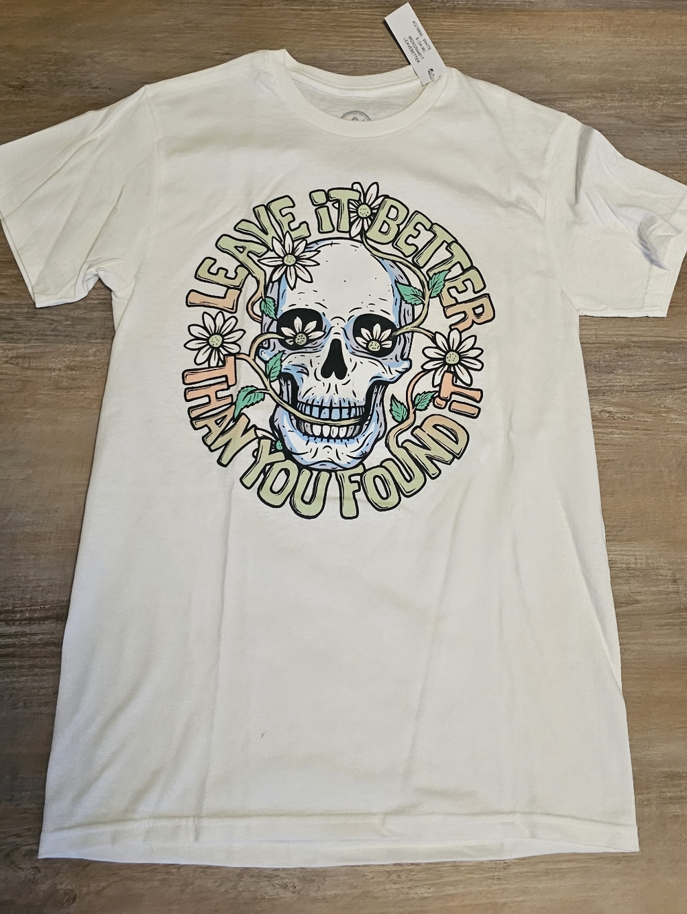 NWT DOM Leave It Better Than You Found It Graphic T-Shirt Floral Skull Hippie